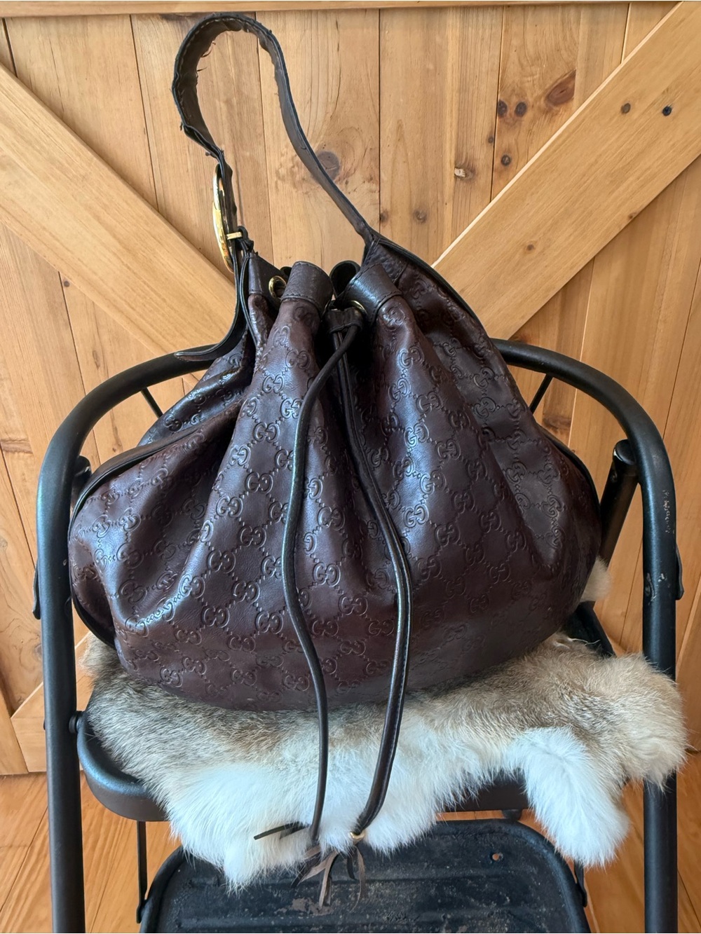 Gucci Dark Brown Embossed Leather Drawstring Hobo Bag